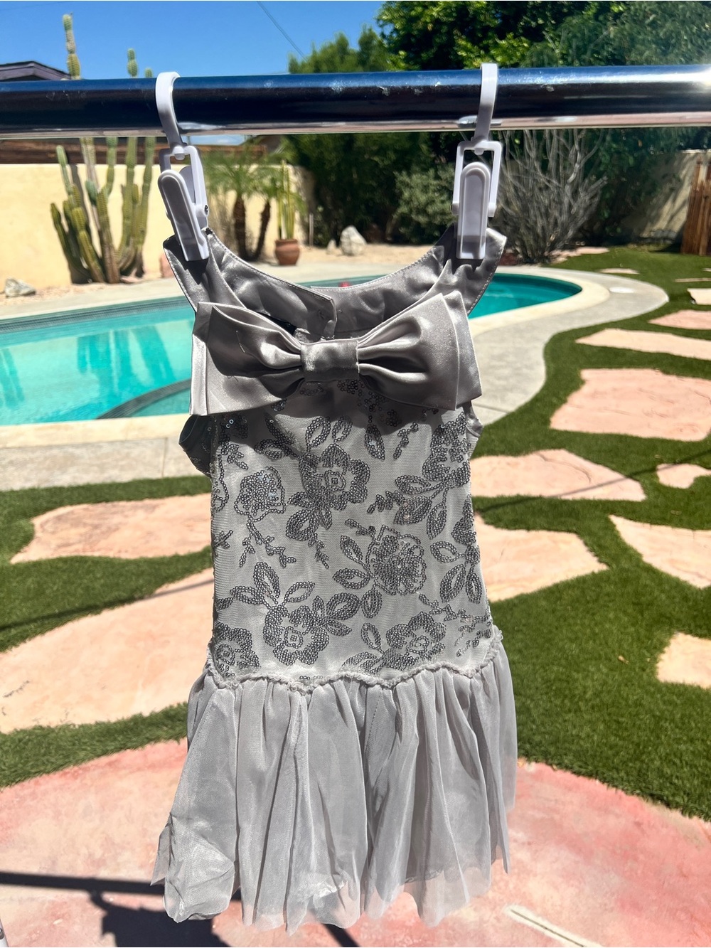 Jovani Silver Satin Bow Embellished Dress